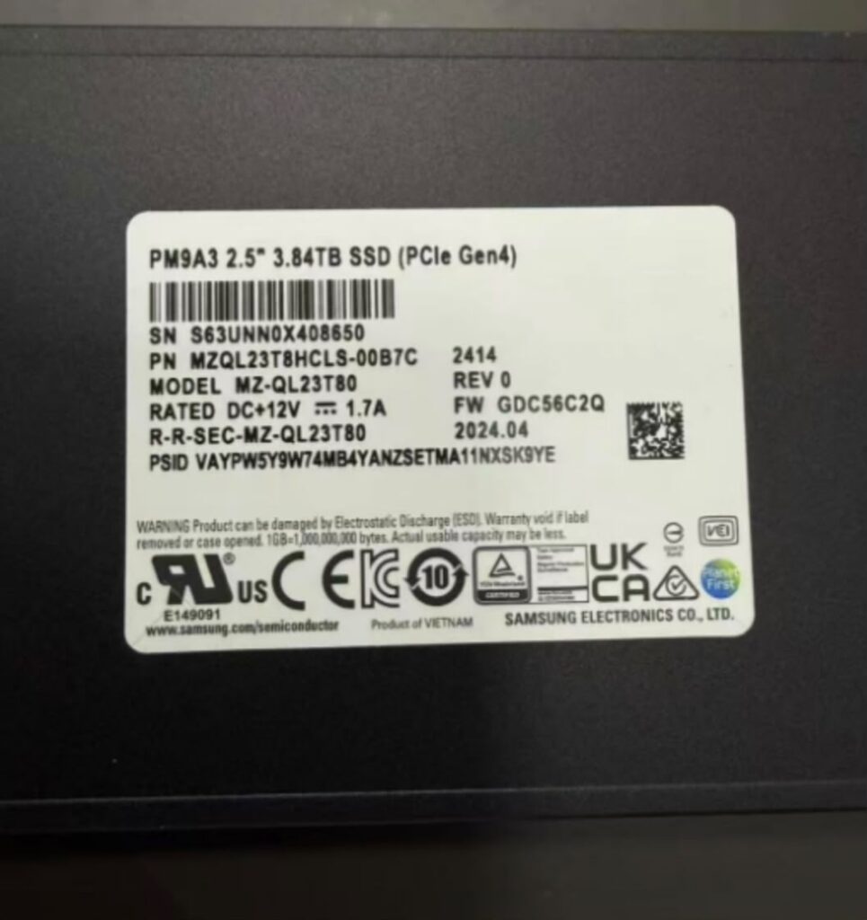 Brand New SSD,MZQL23T8HCLS-00A07,Samsung PM9A3,3.84TB.