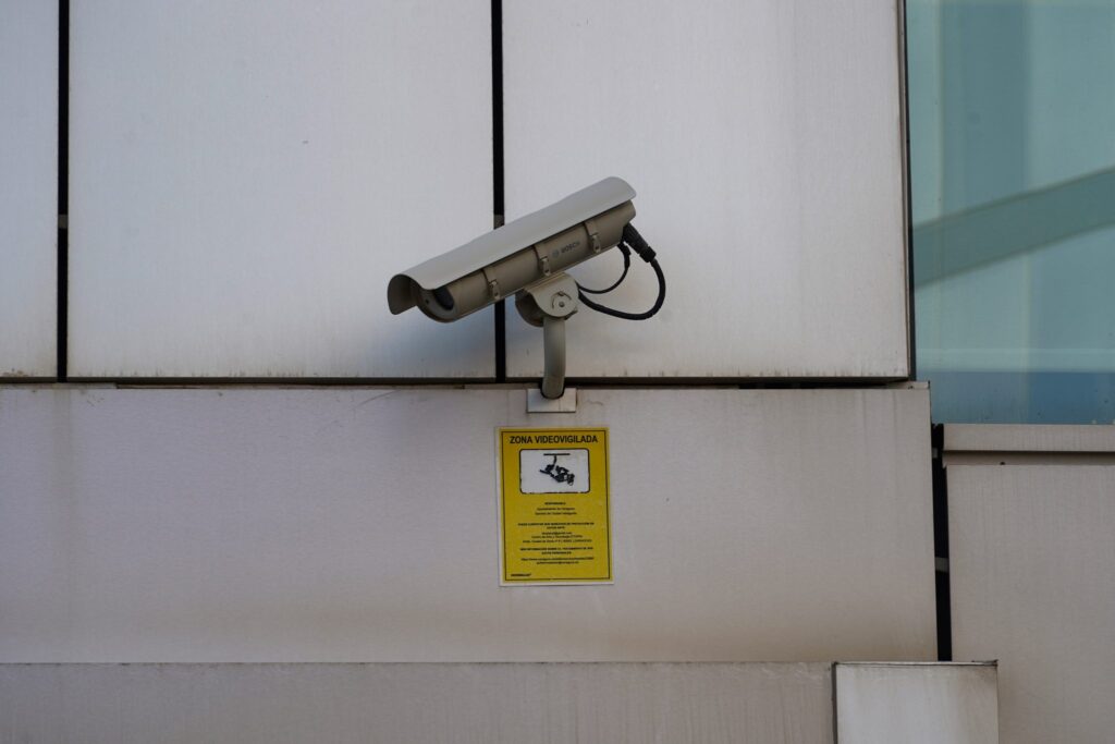 Home security camera mounted on a wall